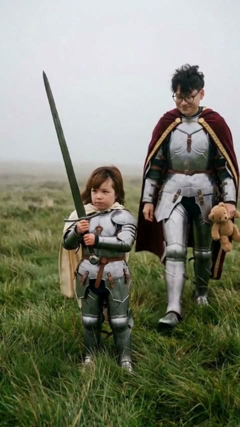 Baby Knight AI demonstration of a child and glasses-wearing adult in silver armor on grassland