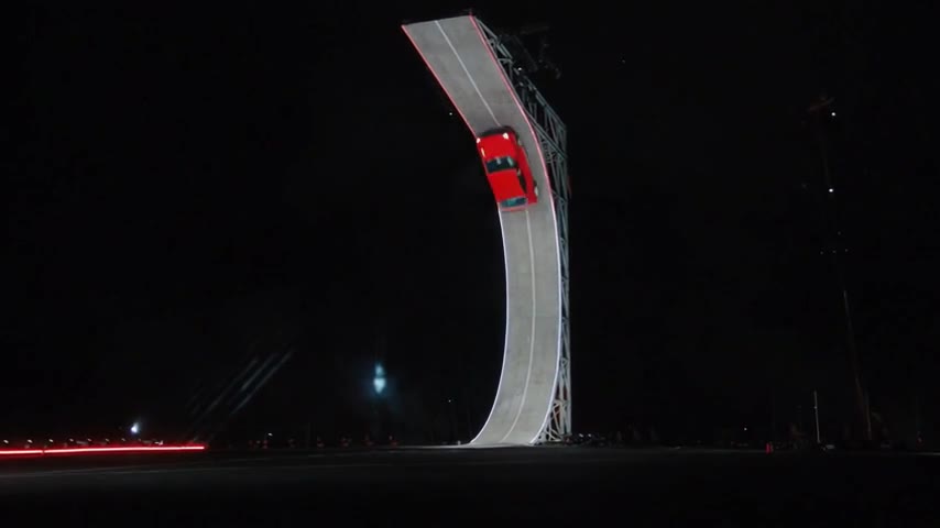 AI-generated red hatchback in a Ramp Flip stunt